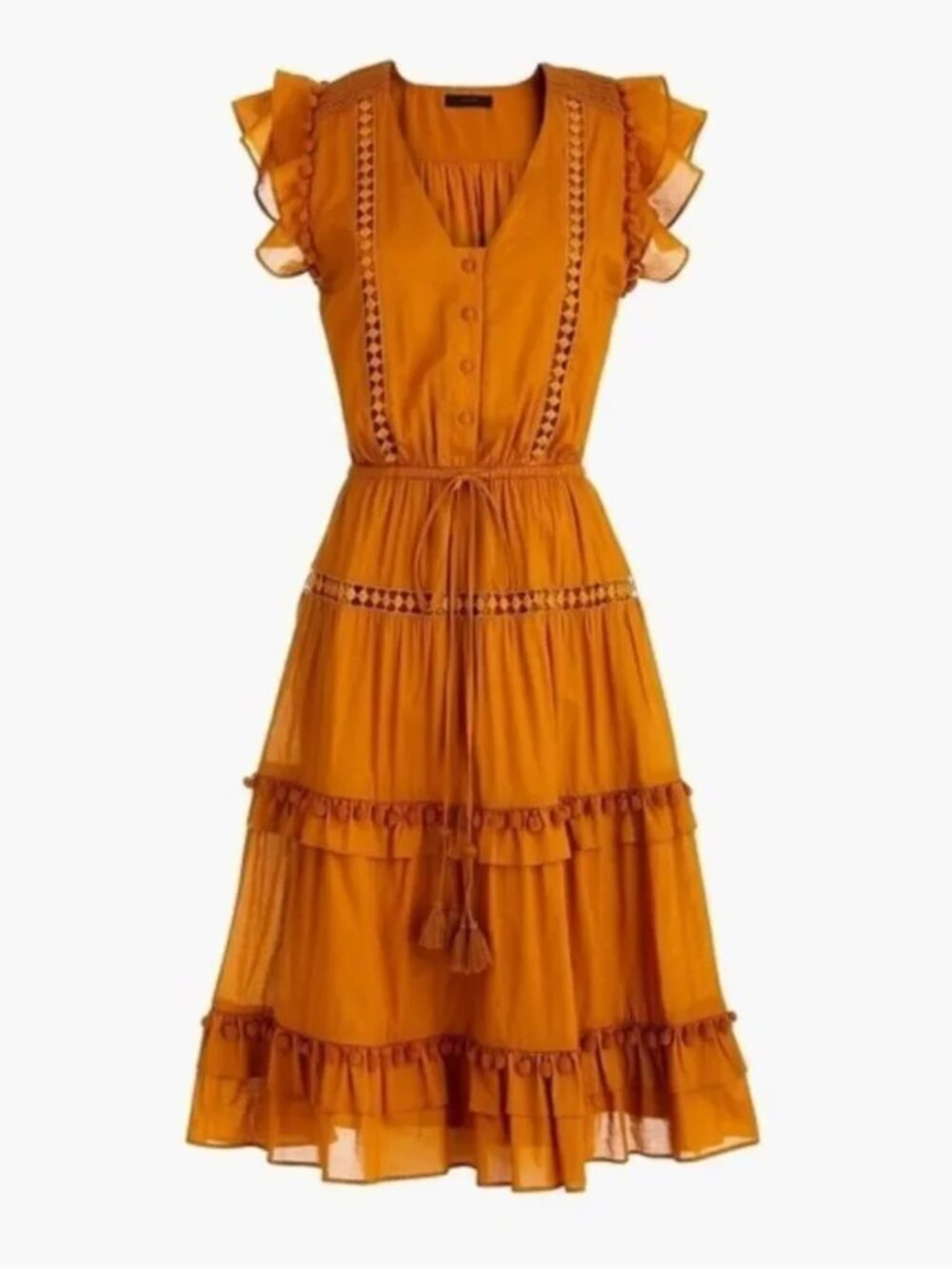 J. Crew Point Sur Flutter Sleeve Pom Pom Dress in Mustard | S | Size 2